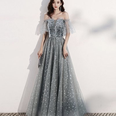 Shiny tulle long prom dress with sequins gray evening dress - Thumbnail 4