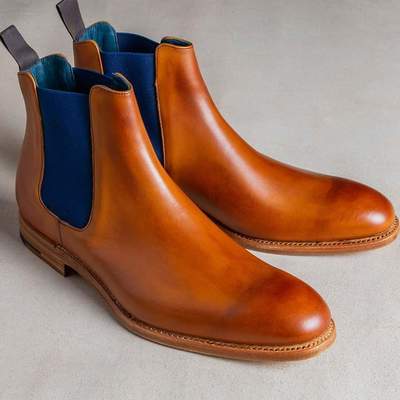 Handmade men's cognac elastic chelsea leather custom made boots for men - Thumbnail 1