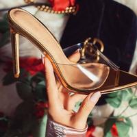 Women's Shoe Pointed Transparent Golden Retro Stiletto Sandals And Slippers Wedding Shoes D5721 - Thumbnail 1