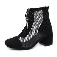 Block Heels Ankle Boot Women's Short Boots Hollow Mesh Mid-heel Short Tube Lace-up Shoes F8720 - Thumbnail 1