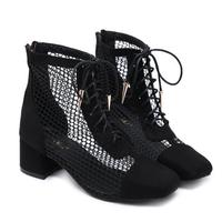 Block Heels Ankle Boot Women's Short Boots Hollow Mesh Mid-heel Short Tube Lace-up Shoes F8720 - Thumbnail 4