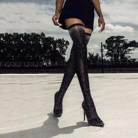 New Rhinestone High Heel Women's Boots Stretch Cloth Sexy Over the Knee Boots J5420 - Thumbnail 1