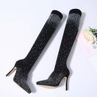 New Rhinestone High Heel Women's Boots Stretch Cloth Sexy Over the Knee Boots J5420 - Thumbnail 3