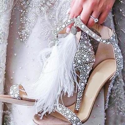 New fashion sandals fish mouth hairy beaded fine heel super high heels large size cross-border women's shoes f6752