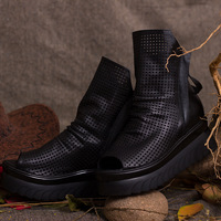 Spring And Summer New leather Hole Sandals With Increased Fish Mouth Toe cap Layer Leather Roman Sandals F5720 - Thumbnail 3