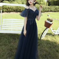 Blue tulle lace long prom dress blue evening dress - Thumbnail 3