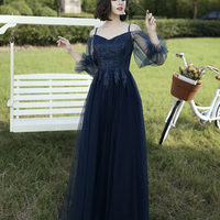 Blue tulle lace long prom dress blue evening dress - Thumbnail 7