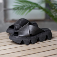 Retro polished leather women's shoes in-line platform shoes 2020 summer new cowhide slippers women's platform F5732 - Thumbnail 1