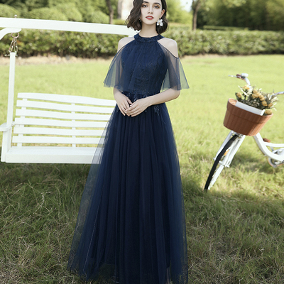 Blue tulle lace long prom dress blue evening dress - Thumbnail 4