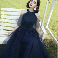 Blue tulle lace long prom dress blue evening dress - Thumbnail 1