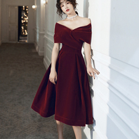 Burgundy velvet short prom dress party dress - Thumbnail 1