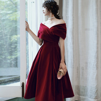 Burgundy velvet short prom dress party dress - Thumbnail 2