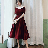Burgundy velvet short prom dress party dress - Thumbnail 3