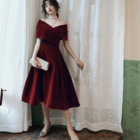 Burgundy velvet short prom dress party dress - Thumbnail 4