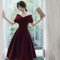 Burgundy velvet short prom dress party dress - Thumbnail 7