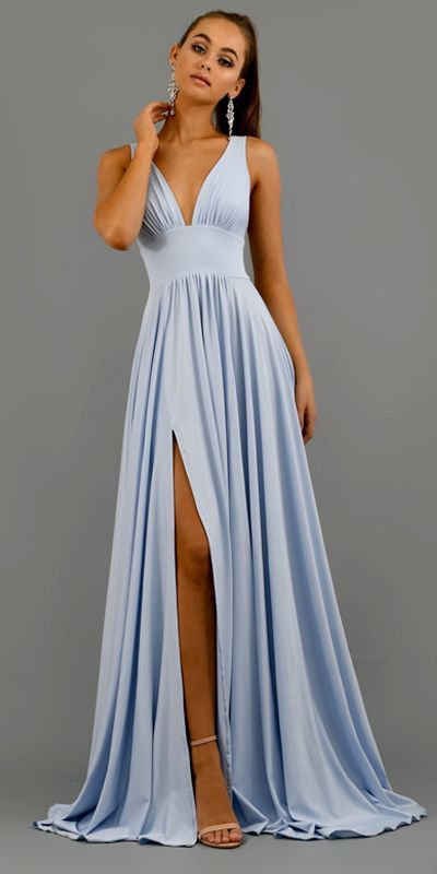 Elegant V-Neck prom dress Sleeveless Party Dress Long Evening ball Gowns sexy high slit evening dress,613