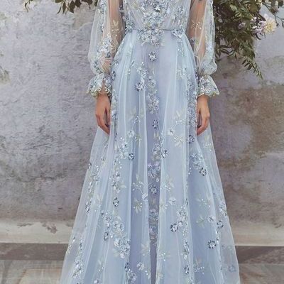 Light blue party dress long sleeve evening dress tulle applique long prom dress v neck formal dress,614