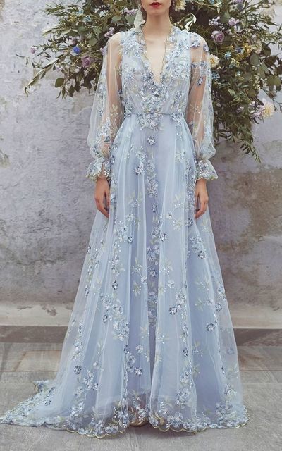 Light blue party dress long sleeve evening dress tulle applique long prom dress v neck formal dress,614