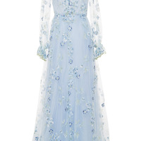 Light blue party dress long sleeve evening dress tulle applique long prom dress v neck formal dress,614 - Thumbnail 1