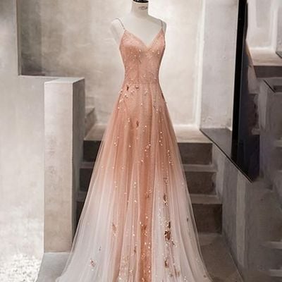 Pink long prom dress spaghetti evening dress v-neck party dress lace tulle formal dress,615