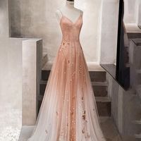 Pink long prom dress spaghetti evening dress v-neck party dress lace tulle formal dress,615 - Thumbnail 1