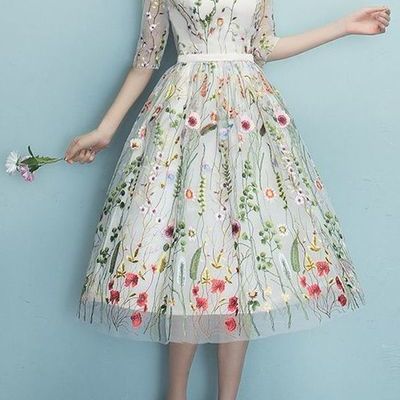A-line dress with colorful embroidered flowers ,evening dress,short homecoming dress,616