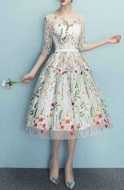 A-line dress with colorful embroidered flowers ,evening dress,short homecoming dress,616