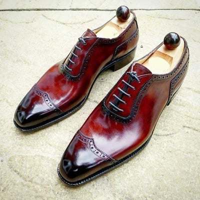 Handmade men's burgundy wing tip lace up shoes, men's leather shoes - Thumbnail 1