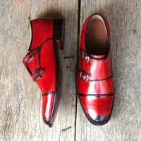 Handmade Men's Burgundy Cap Toe Double Monk Shoes, Men's Leather Shoes - Thumbnail 1