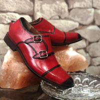 Handmade Men's Burgundy Cap Toe Double Monk Shoes, Men's Leather Shoes - Thumbnail 2