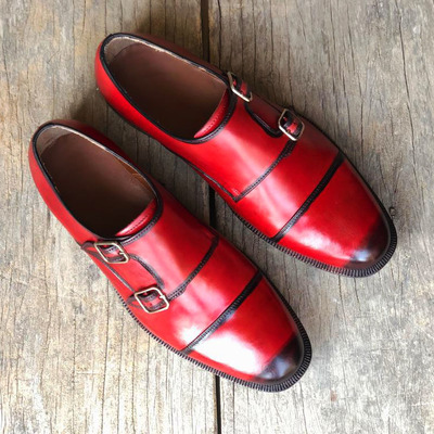 Handmade men's burgundy cap toe double monk shoes, men's leather shoes - Thumbnail 2
