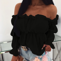 Red Off-The-Shoulder Sexy Long-Sleeved Top - Thumbnail 1