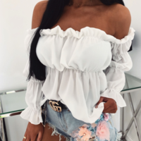 Red Off-The-Shoulder Sexy Long-Sleeved Top - Thumbnail 2