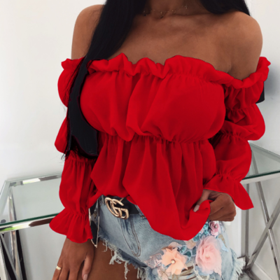 Red off-the-shoulder sexy long-sleeved top - Thumbnail 4