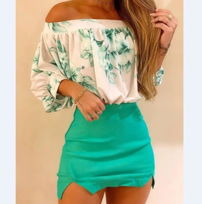 Off Shoulde Floral Print Lantern Sleeve Top & Skirt Set