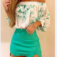 Off Shoulde Floral Print Lantern Sleeve Top & Skirt Set - Thumbnail 1