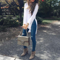 Women White Long T-Shirts Spring Autumn Irregular Side Slit Top - Thumbnail 1