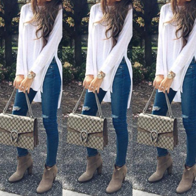 Women white long t-shirts spring autumn irregular side slit top - Thumbnail 4