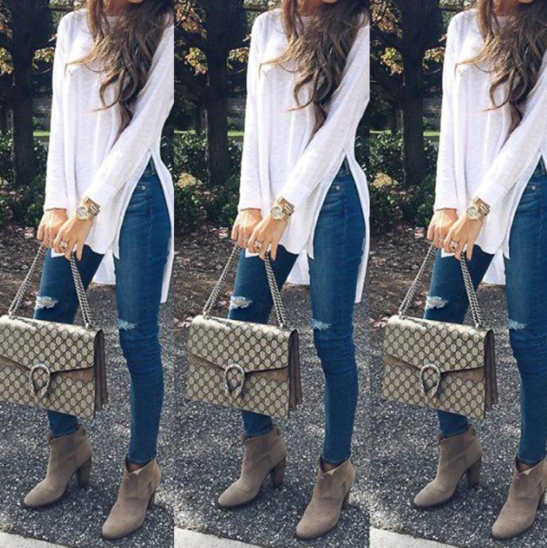 Women White Long T-Shirts Spring Autumn Irregular Side Slit Top