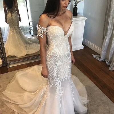 Off the shoulder mermaid wedding dresses bridal gown with appliques - Thumbnail 4