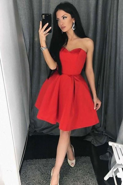 Simple A-Line Sweetheart Red Satin Short Homecoming Dress Under 100