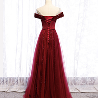 Burgundy velvet tulle long prom dress evening dress - Thumbnail 4