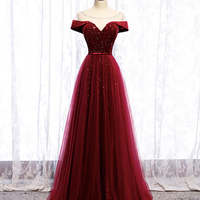 Burgundy velvet tulle long prom dress evening dress - Thumbnail 4