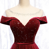 Burgundy velvet tulle long prom dress evening dress - Thumbnail 1