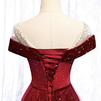Burgundy velvet tulle long prom dress evening dress - Thumbnail 2