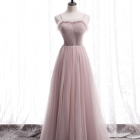 Pink tulle long prom dress simple evening dress - Thumbnail 5