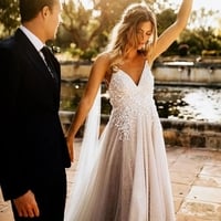 Charming A-Line Tulle Open Back Spaghetti Straps Wedding Dresses Romantic Bridal Dresses - Thumbnail 1