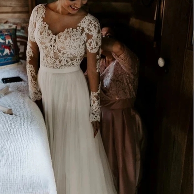 Cheap a-line bateau long sleeve rustic lace wedding dresses - Thumbnail 3