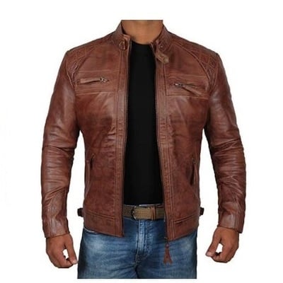 Brown leather jacket cafe racer real lambskin leather distressed biker jacket  - Thumbnail 1