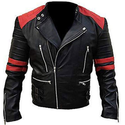 Men's brando classic biker black and red vintage motorcycle 100% leather jacket - Thumbnail 3